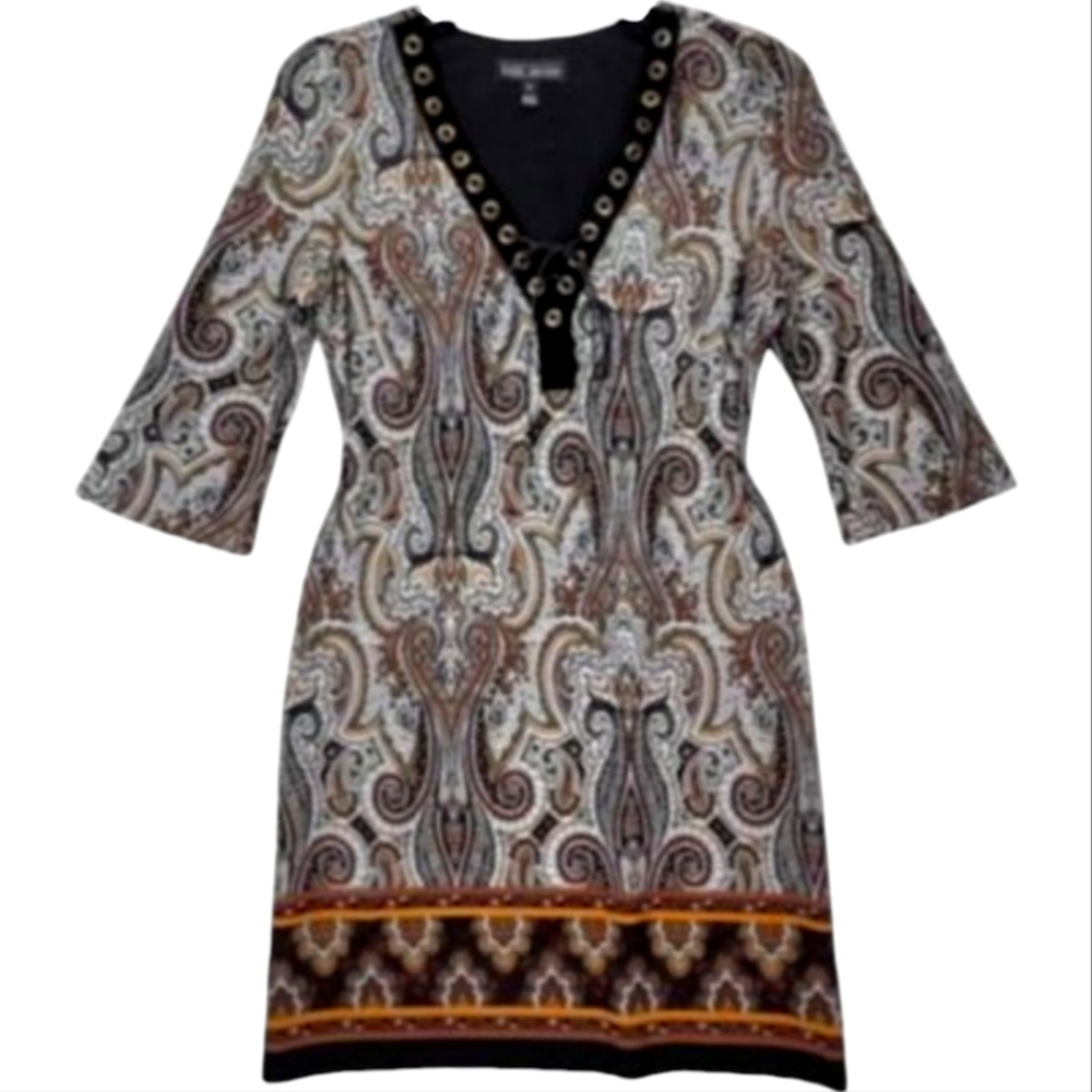 Karin Stevens Long Sleeve Paisley Print Sheath Dress with Tie Front.